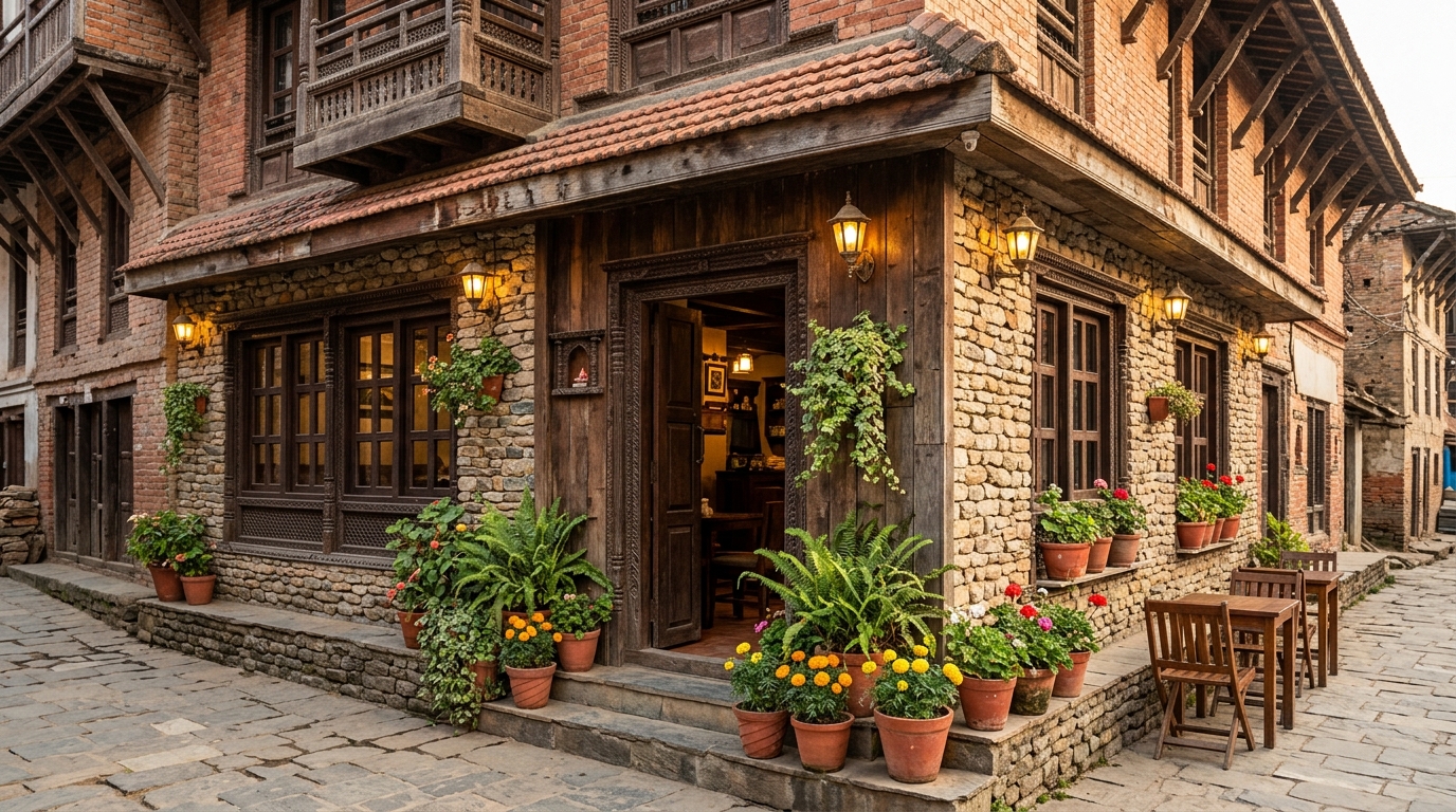 A stone and timber restaurant on a paved lane, with potted marigolds and wooden tables outside an open door.