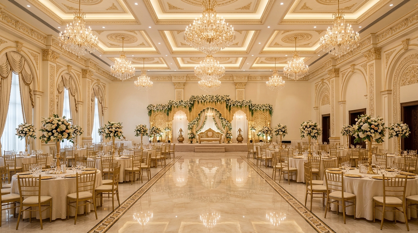A banquet hall set for a reception, with round tables, gold chairs, and a flowered stage at the far end.
