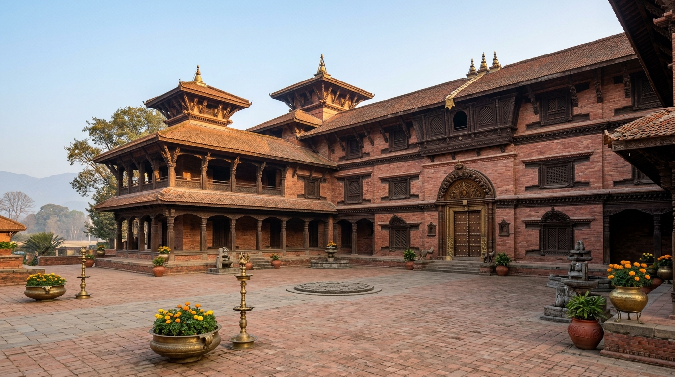 A brick party palace in Newari style, with a carved wooden courtyard, brass lamps, and pots of marigolds.