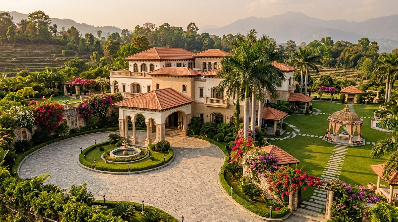 A hill resort with a circular drive, a lawn, palm trees, and a gazebo among the gardens.