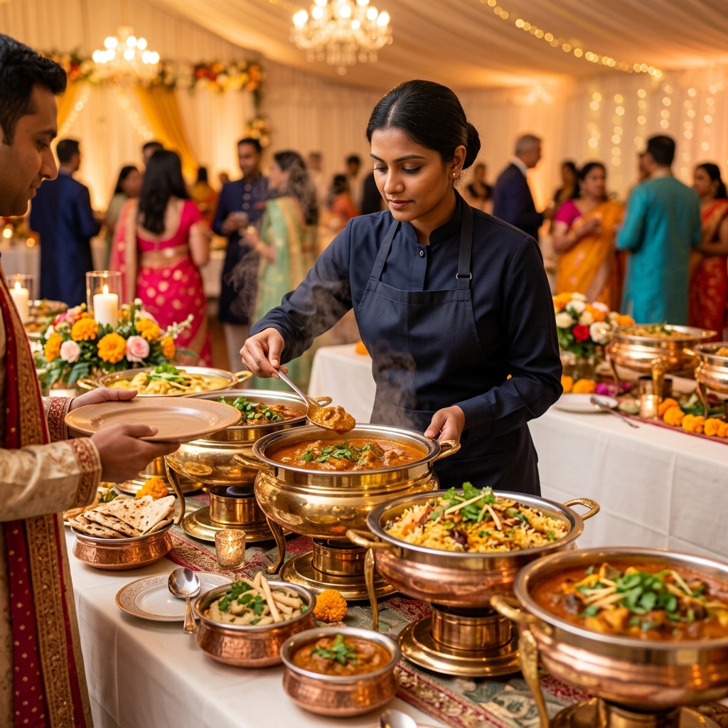 A caterer ladling curry from a brass pot at a wedding buffet, with rice, bread, and guests behind the table.