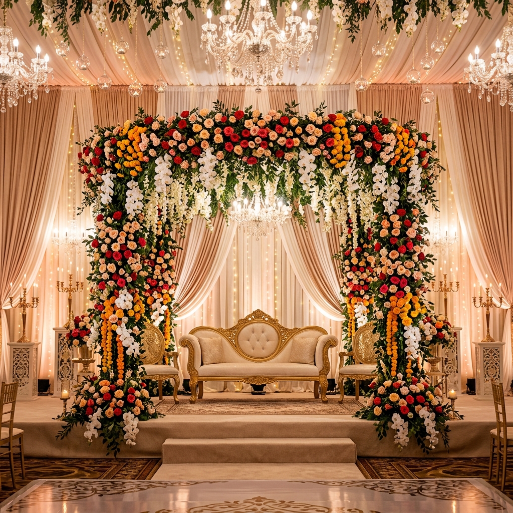 A wedding stage under a dense arch of roses and marigolds, with a cream sofa centered on the platform.