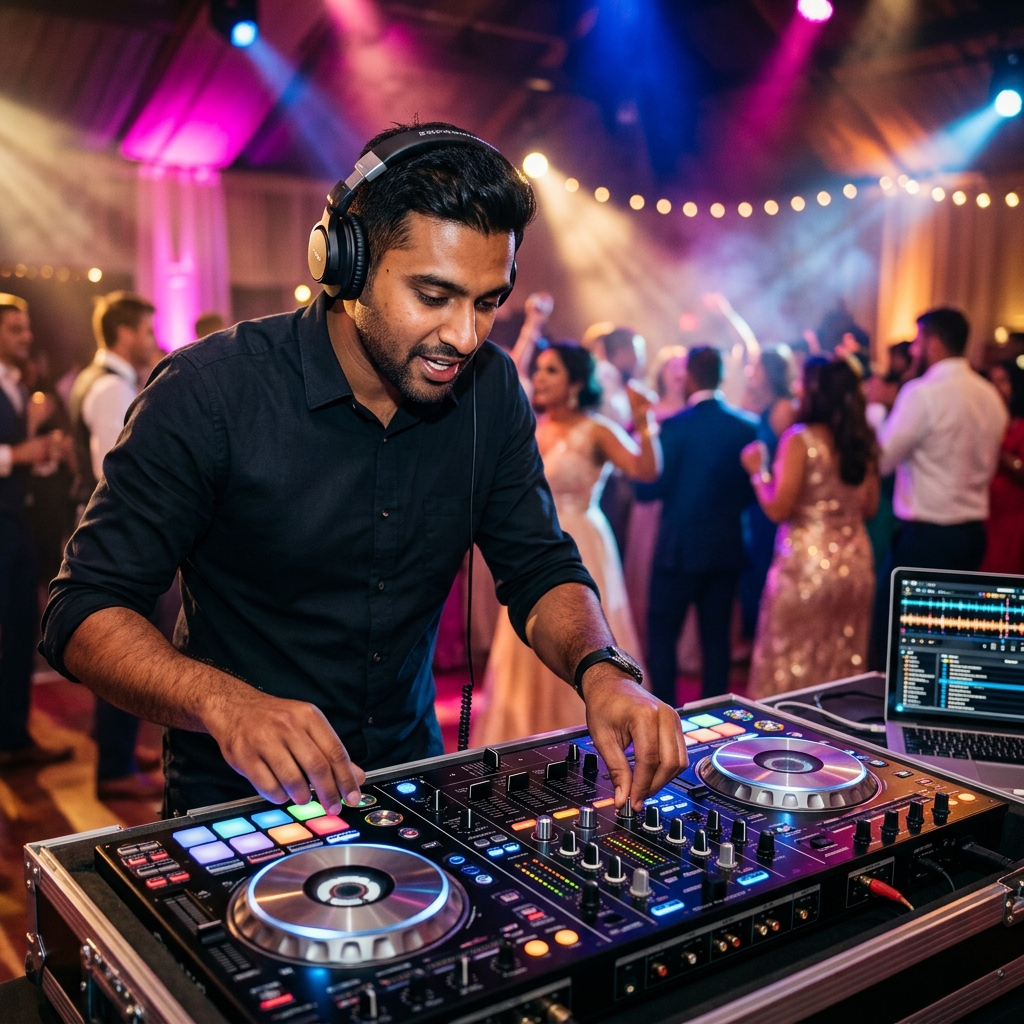 A DJ in headphones working a lit controller, with guests dancing under pink and blue lights.