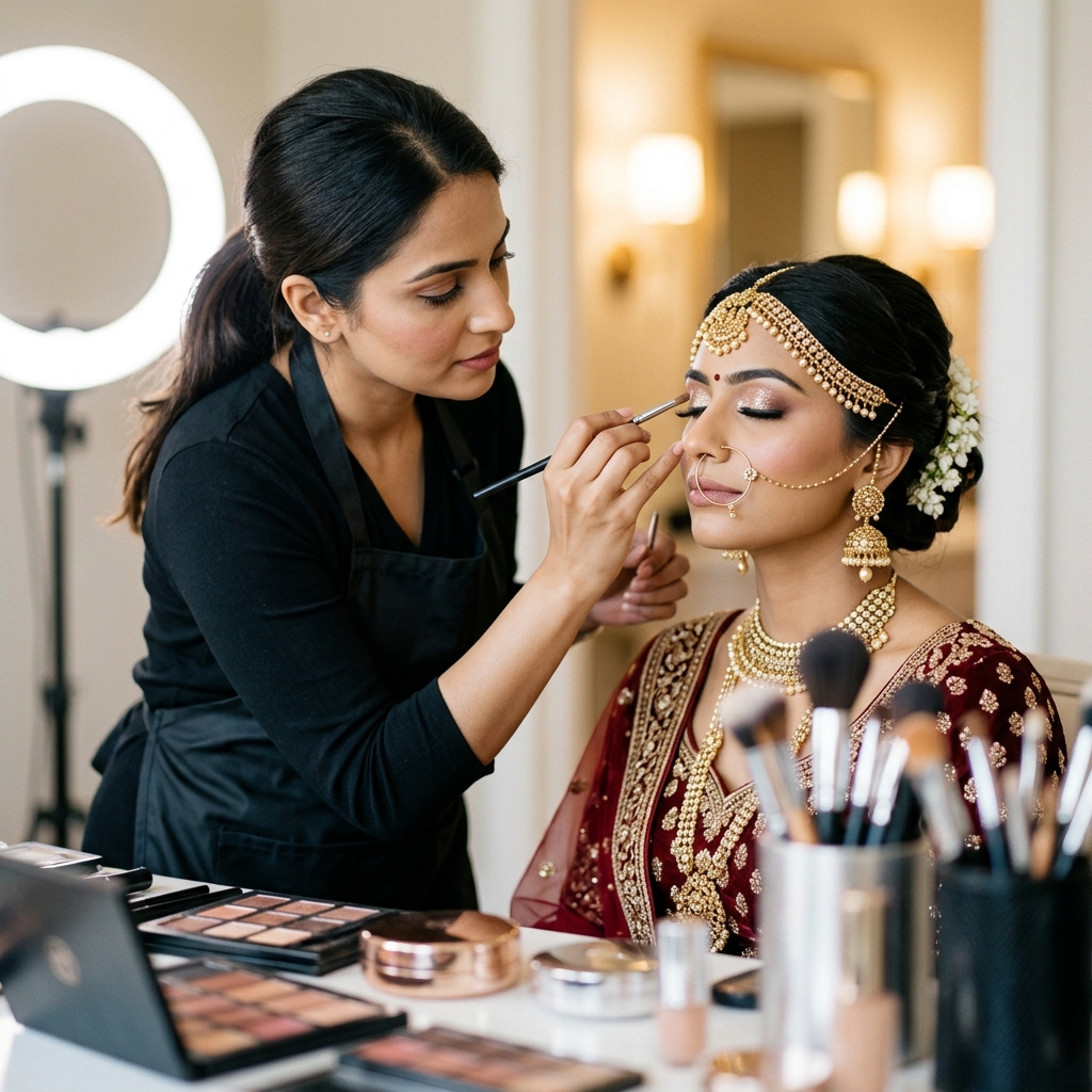 A makeup artist applying eyeliner to a bride in gold jewelry, with palettes and brushes on the table.