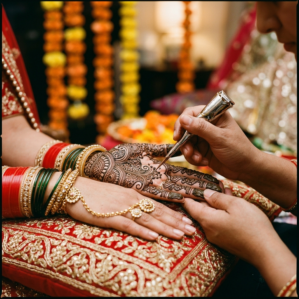A mehndi artist drawing a henna pattern on a bride’s hand, which rests on a red embroidered cushion with gold bangles.