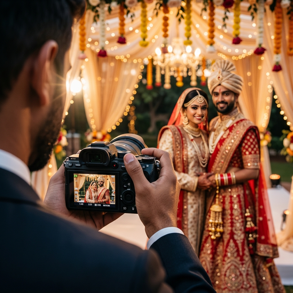A photographer framing a bride and groom under marigold garlands, fairy lights, and a chandelier.